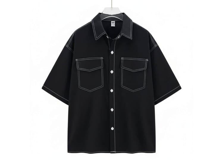 camisa, negra, manga, corta, estudiante, patrón, digital, costura