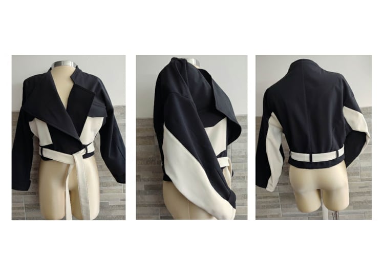 corte, amplio, chaqueta, asimétrica, patrón, digital, estudiante, valentina, negro, blanco