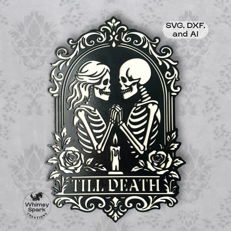 Gothic skeleton couple kissing inside an ornate baroque frame with roses and a candle, featuring the phrase “Till Death,” dark romance laser cut design for goth Valentine decor, wedding, and Halloween projects.