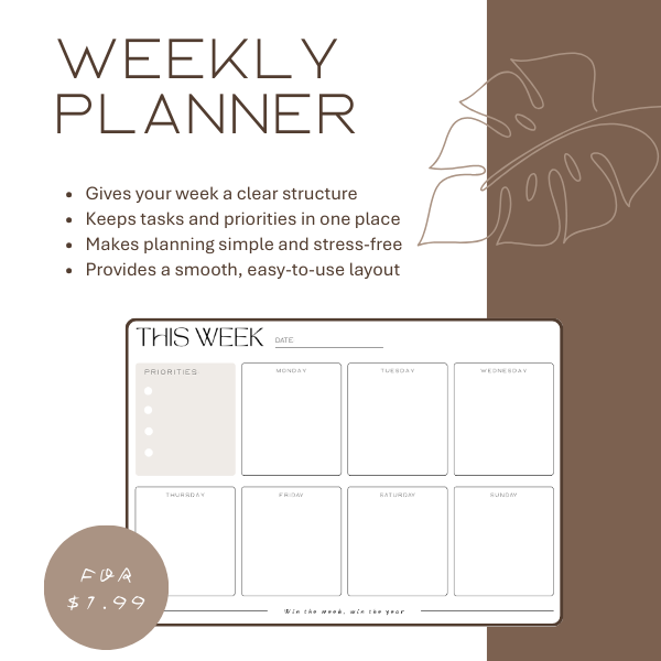 Wide weekly planner layout for organization