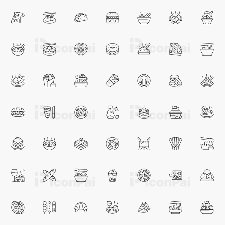 Food Tourism Icons – Thin line style preview of 50 culinary travel and food culture icons.
