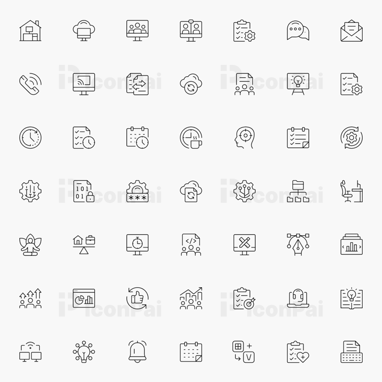 Remote Work & Productivity Icons – Thin line style preview of 50 work and productivity tool icons.