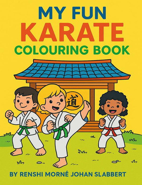 Kids karate colouring book cover featuring happy children in karate uniforms practicing martial arts