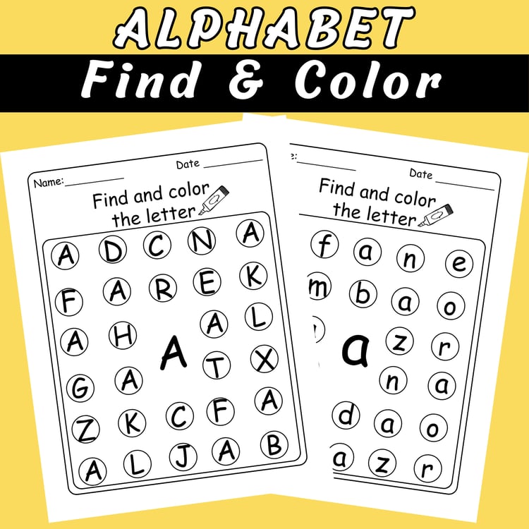 Alphabet Find and Color Worksheets: Preschool and kindergarten Letter Recognition Activity (PDF File)