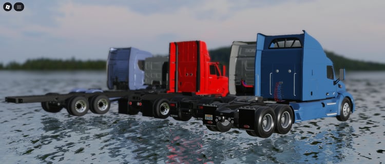 Five detailed semi trucks displayed in a fully scripted Roblox truck pack