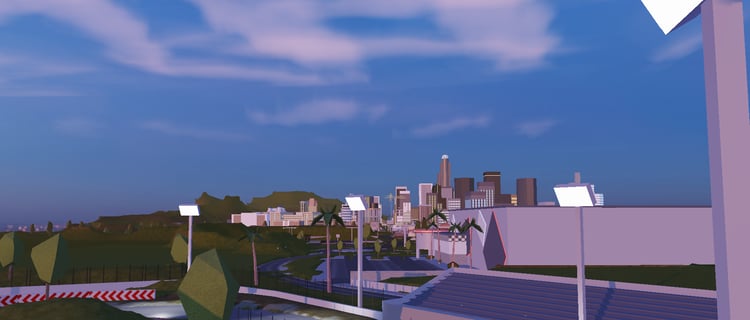Large modern American Los Santos RP map with racetrack and city layout in Roblox