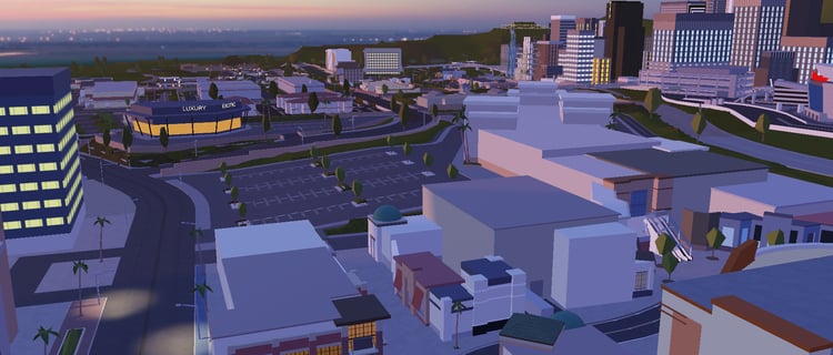 High-detail roleplay city map for Roblox with race track and urban environment