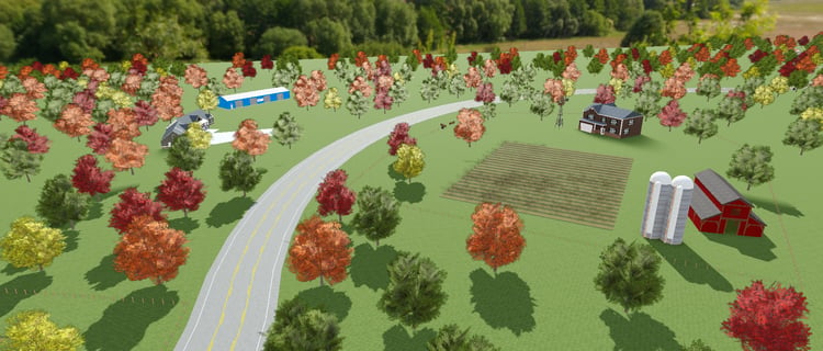 Marian Indiana modern Roblox RP map with houses, fields, and autumn scenery