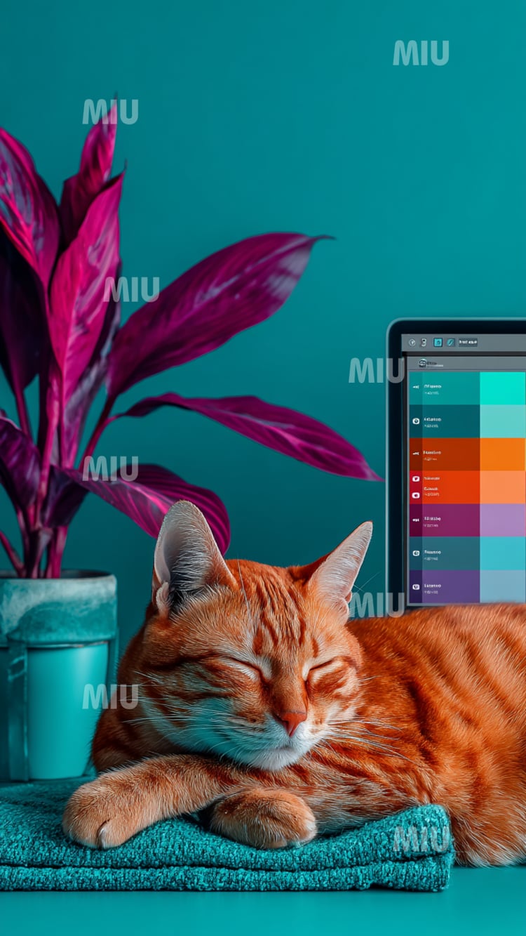 Chat roux endormi sur un bureau créatif, symbolisant une productivité douce, calme et équilibrée dans un univers coloré.