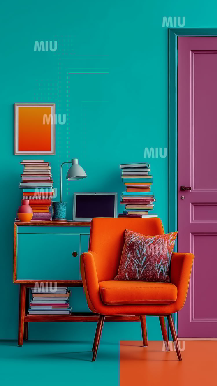 Bureau créatif avec fauteuil orange, livres empilés et décoration moderne sur fond turquoise, ambiance design et inspirante.