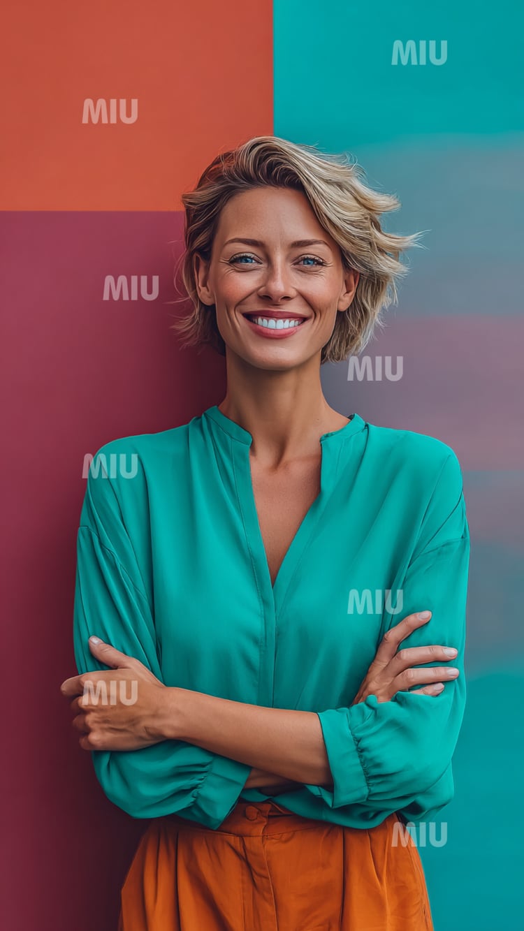 Femme entrepreneuse souriante aux bras croisés, portant une blouse turquoise et un pantalon orange, fond graphique coloré, ambiance professionnelle et naturelle.