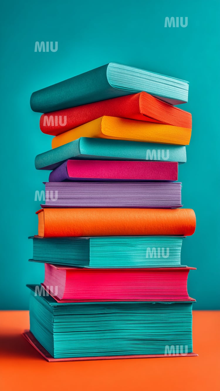 Pile de livres colorés empilés sur fond turquoise et surface orange, symbolisant l’organisation des idées, la réflexion et la créativité.