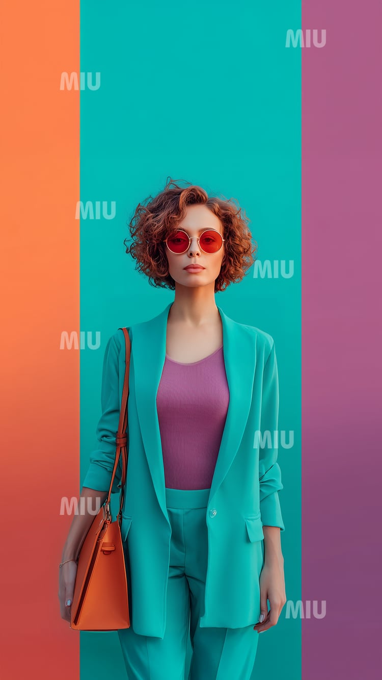 Femme entrepreneuse élégante portant un tailleur turquoise, lunettes rouges et sac orange, fond graphique coloré, ambiance audacieuse et stylée.