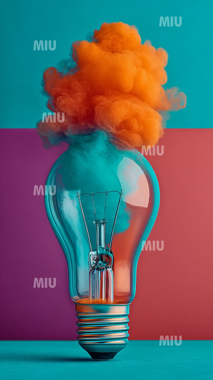 Miu Ampoule Idee Creative Explosion, ampoule créative avec explosion de couleurs représentant inspiration, innovation et créativité entrepreneuriale