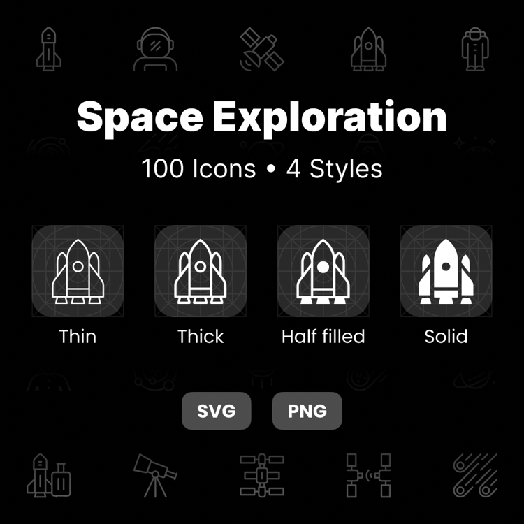 Space Exploration Icons Pack – 25 space and astronomy icons shown in Thin, Thick, Half-Filled, and Solid styles.