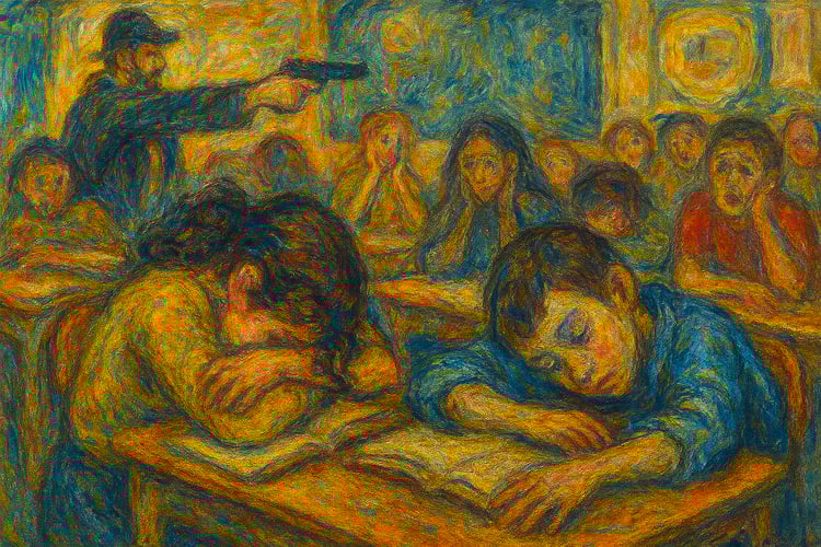 Een krachtige visuele fabel over wapenmisbruik en schoolschietpartijen, in Digimari‑stijl met symbolische sleutels.