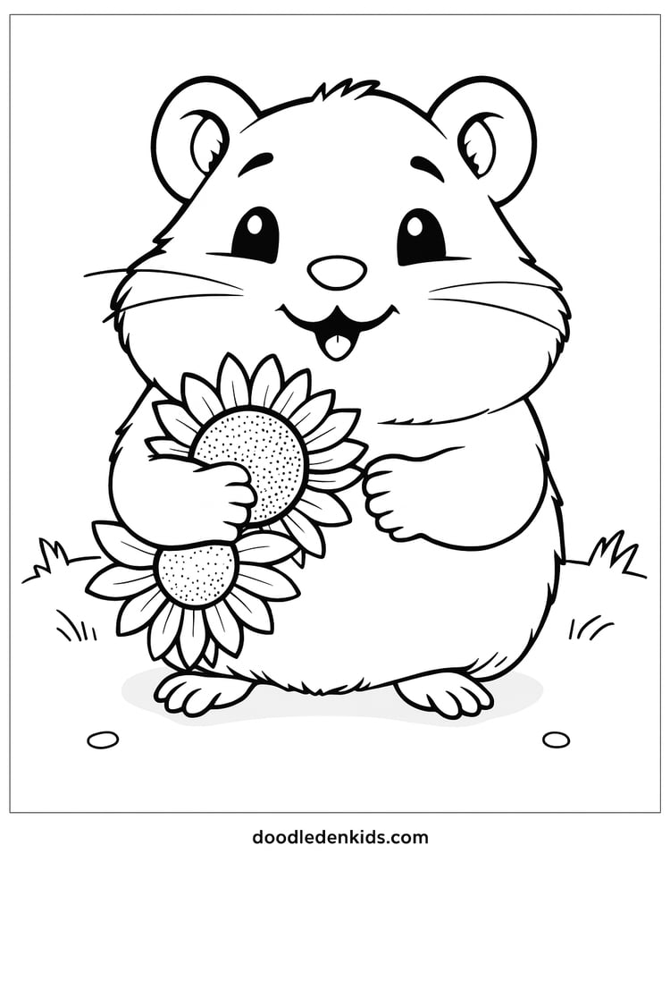 Fluffy hamster holding a sunflower seed with big sparkling eyes, cute coloring page art