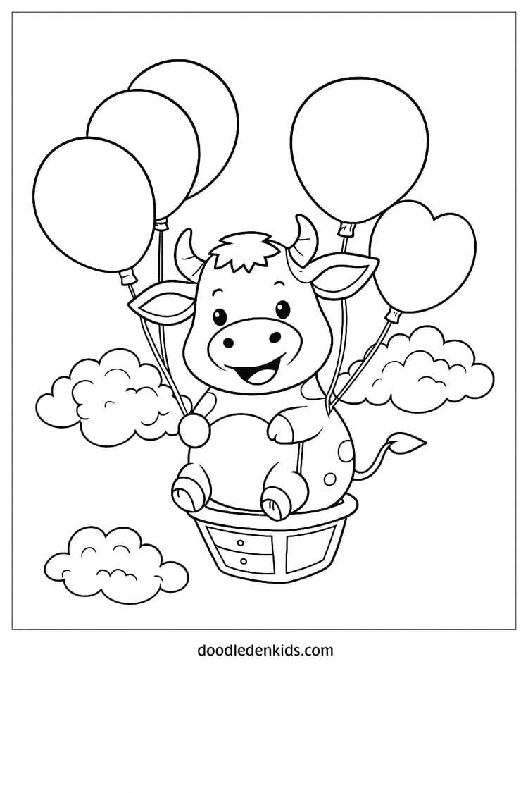 Cow Balloon Ride – Smiling cartoon cow floating in the sky holding colorful balloons, clouds around, black-and-white whimsical coloring Page