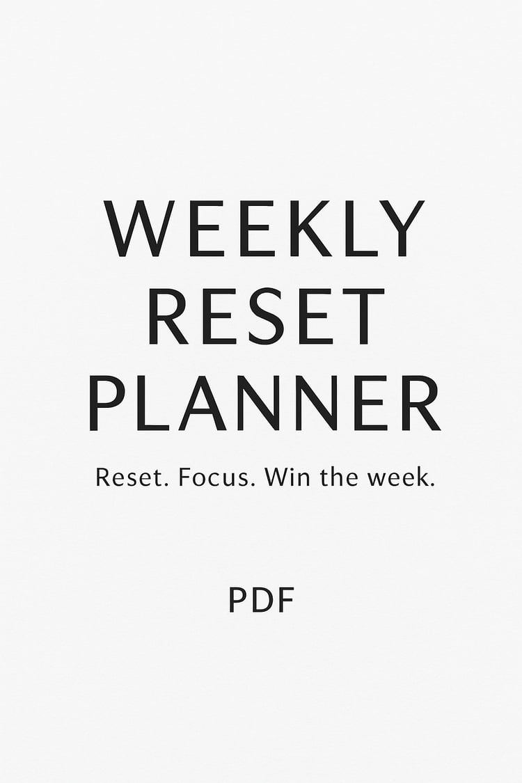 Weekly Reset Planner digital PDF, minimalist and elegant design, weekly organization, habit tracker, focus planner, goal setting, productivity and personal development tool.”