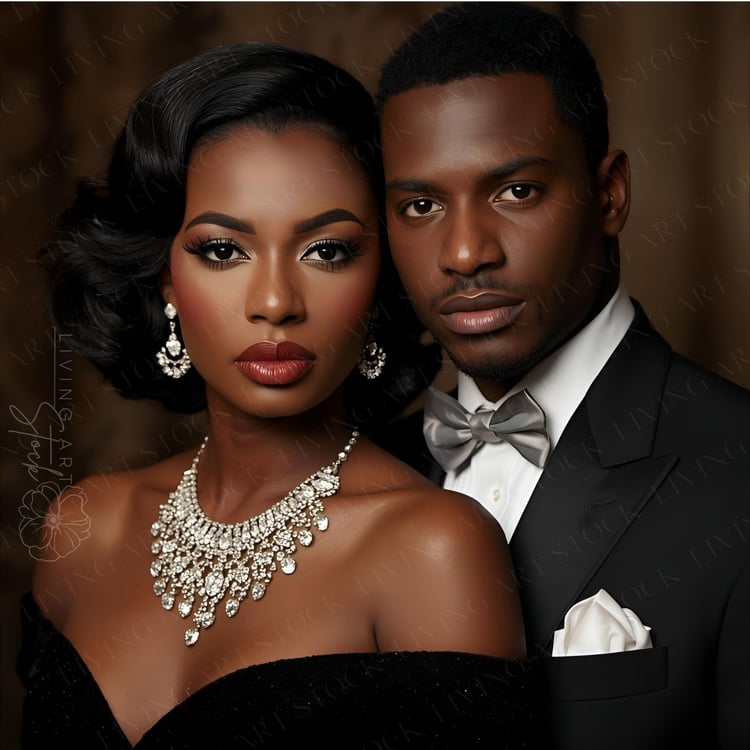 A captivating studio portrait features a sophisticated Black couple dressed in formal evening wear. The woman, positioned in the foreground, wears a glamorous off-the-shoulder black gown. Her look is completed with striking makeup, a voluminous, sculpted 