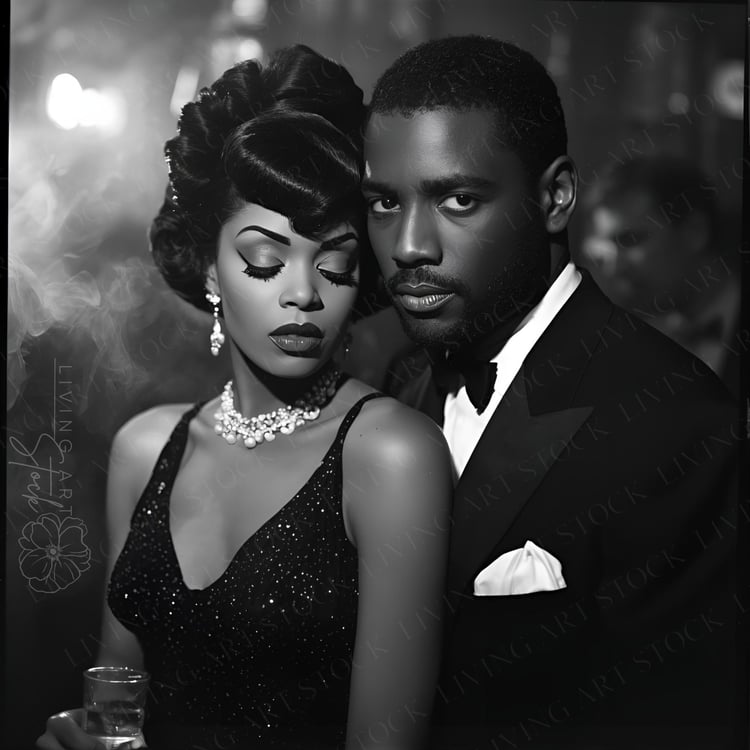 A dramatic, high-contrast black and white photograph captures an elegant Black couple in what appears to be a dimly lit, smoky nightclub or bar setting. The composition and lighting evoke the style of classic film noir. The woman, positioned in the foregr
