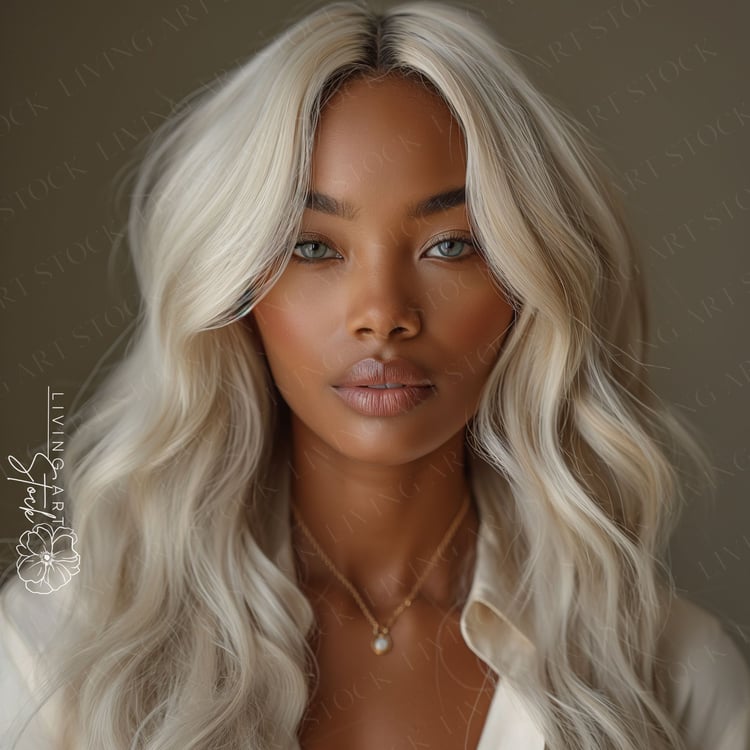 A close-up studio portrait features a young woman with warm, glowing skin and striking features. Her most prominent feature is her long, voluminous, platinum blonde hair styled in soft waves that frame her face. She has captivating light green or blue-gre