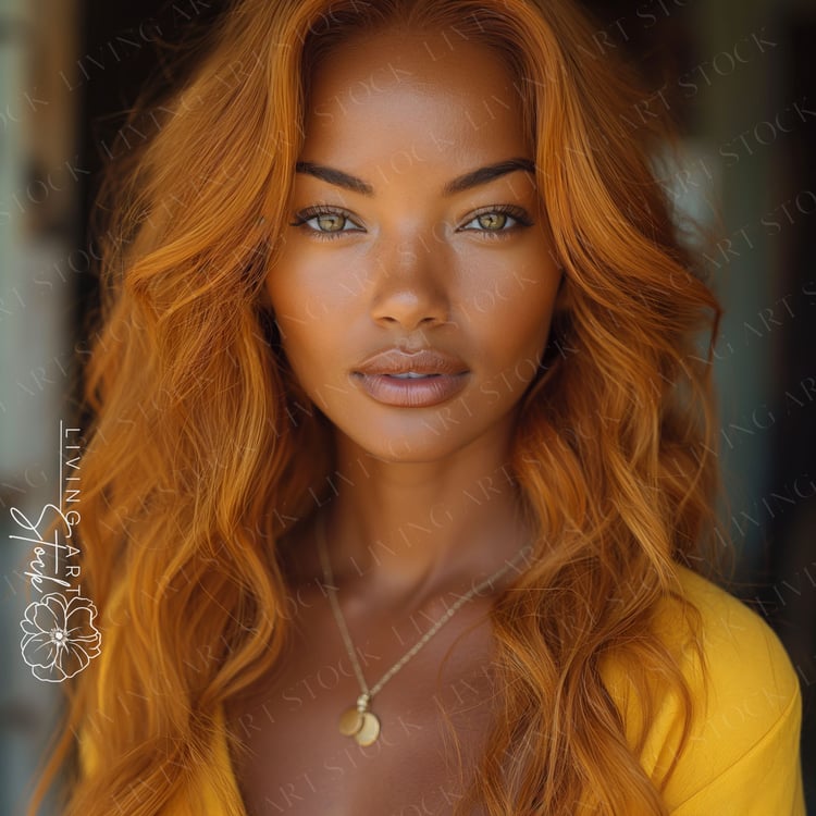 A vibrant, close-up portrait features a young woman with warm, sun-kissed skin and striking features. Her most notable characteristic is her long, thick, and voluminous ginger or reddish-orange hair styled in soft waves that frame her face. She has captiv