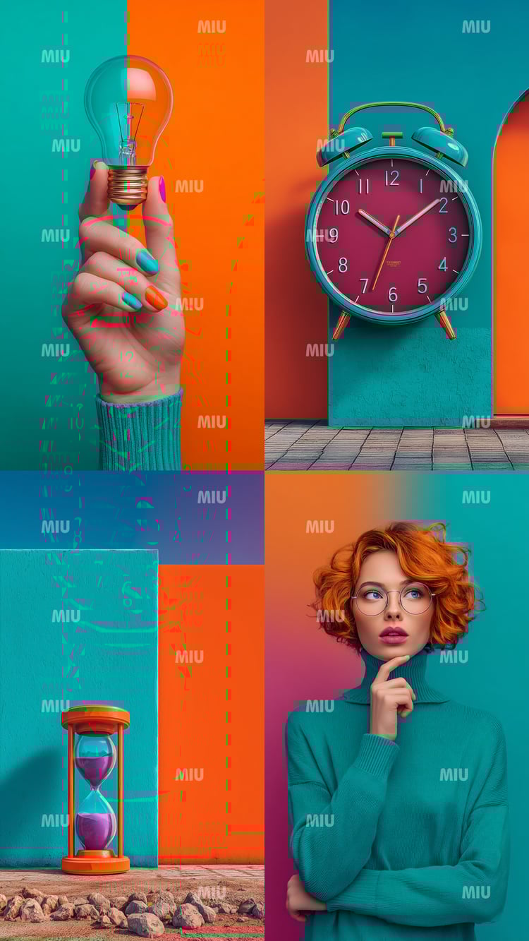 Pack Entrepreneuse Clarté Créative – visuels symbolisant les idées, le temps et la prise de décision dans un univers créatif