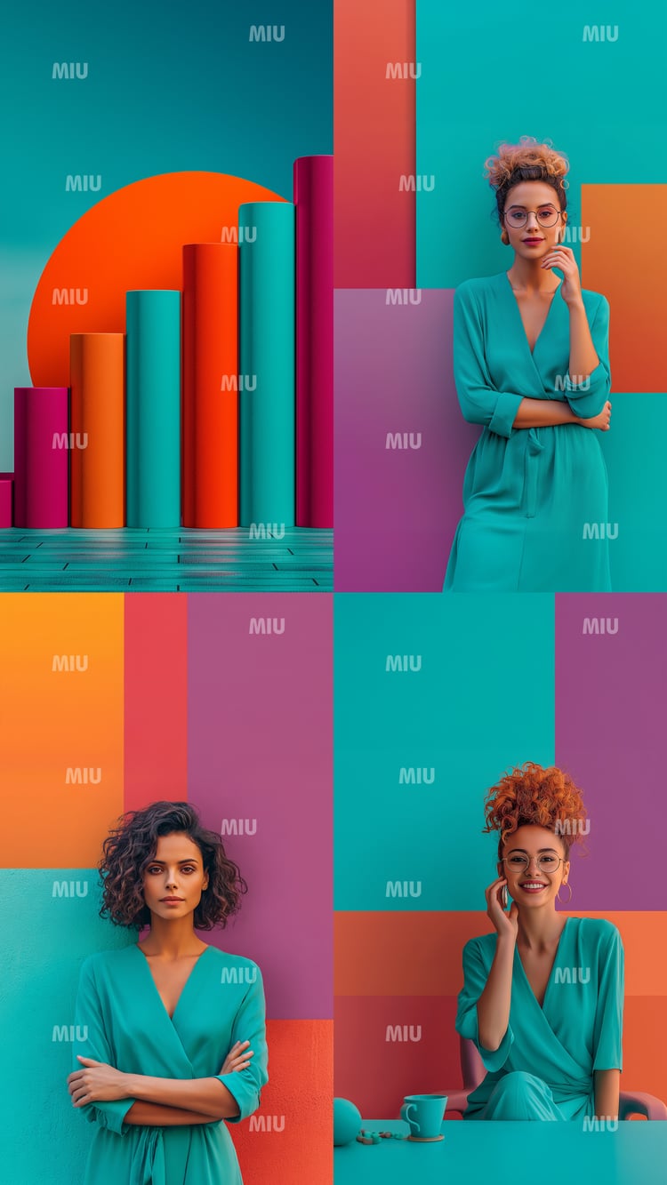 montage de visuels représentant des femmes entrepreneuses confiantes dans un univers graphique coloré et structuré
