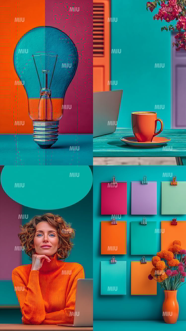 Pack Entrepreneuse Inspiration Douce – montage de 4 visuels : ampoule sur fond coloré, tasse de café et ordinateur, entrepreneuse réfléchissant, mur de notes colorées