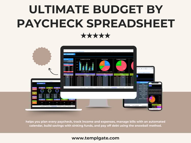 Complete budget by paycheck Google Sheets system with dashboards for budgeting, savings, bills, calendar, and debt tracking