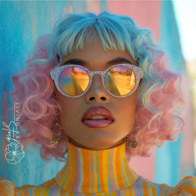 A very close-up, high-fashion portrait of a stylish woman with tightly curled, voluminous, pastel-colored hair, featuring a mix of baby blue and cotton candy pink. She is looking directly at the camera with a striking expression. She is wearing a yellow a