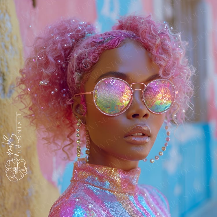 A striking, close-up portrait of a stylish young woman looking directly at the camera with a serious and fashionable expression. Her bright pink, curly hair is styled into two high pigtails and heavily dusted with sparkling glitter and pearls for an extra