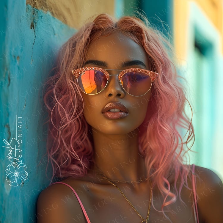 A striking, close-up portrait of a beautiful woman with wavy, pastel pink hair resting her head against a textured, cracked teal or light blue wall. She is wearing stylish aviator-style sunglasses with a rose-gold frame and the upper rim accented with sma