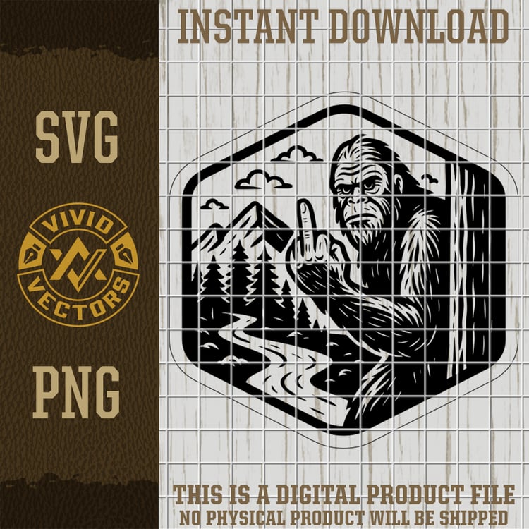 rude bigfoot sasquatch flipping middle finger wilderness forest mountain vector illustration