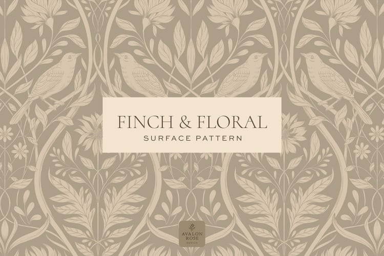 Beige surface pattern design featuring florals and birds with the words Finch & Floral Surface Pattern