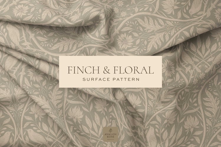 Beige surface pattern design featuring florals and birds with the words Finch & Floral Surface Pattern