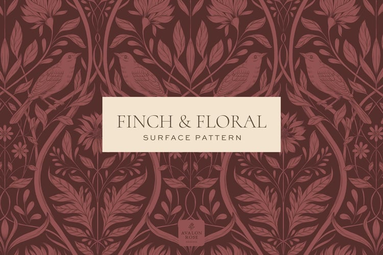 Burgundy surface pattern design featuring florals and birds with the words Finch & Floral Surface Pattern