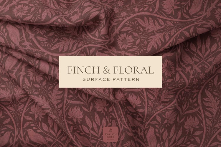 Burgundy surface pattern design featuring florals and birds with the words Finch & Floral Surface Pattern