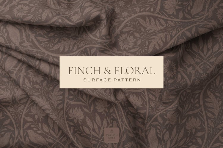 Dark brown surface pattern design featuring florals and birds with the words Finch & Floral Surface Pattern
