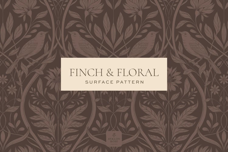 Dark brown surface pattern design featuring florals and birds with the words Finch & Floral Surface Pattern