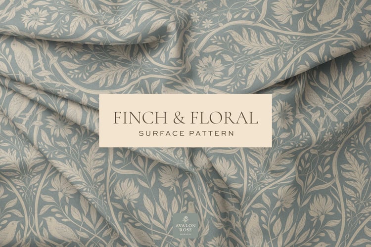 Cream and blue surface pattern design featuring florals and birds with the words Finch & Floral Surface Pattern