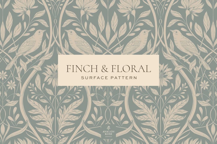 Cream and blue surface pattern design featuring florals and birds with the words Finch & Floral Surface Pattern