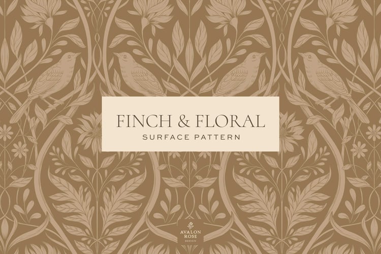 Cream and tan surface pattern design featuring florals and birds with the words Finch & Floral Surface Pattern
