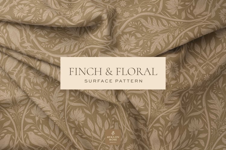 Cream and tan surface pattern design featuring florals and birds with the words Finch & Floral Surface Pattern
