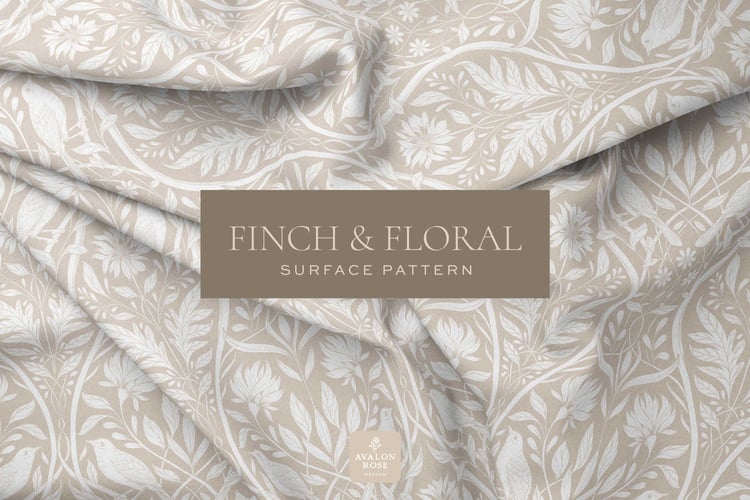 Cream and white surface pattern design featuring florals and birds with the words Finch & Floral Surface Pattern