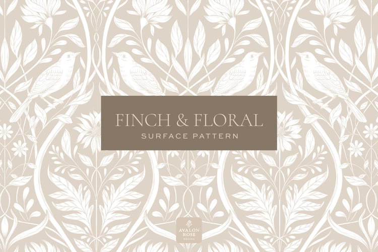Cream and white surface pattern design featuring florals and birds with the words Finch & Floral Surface Pattern