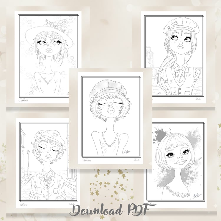 Set of 5 Printable Female Portrait Coloring Pages (PDF)