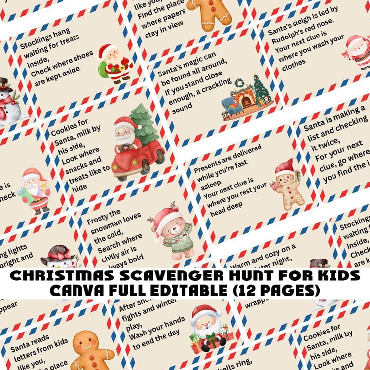 christmas scavenger hunt, christmas treasure hunt, christmas riddles for kids, christmas printable game, holiday scavenger hunt, kids christmas activity, christmas canva template, indoor christmas game