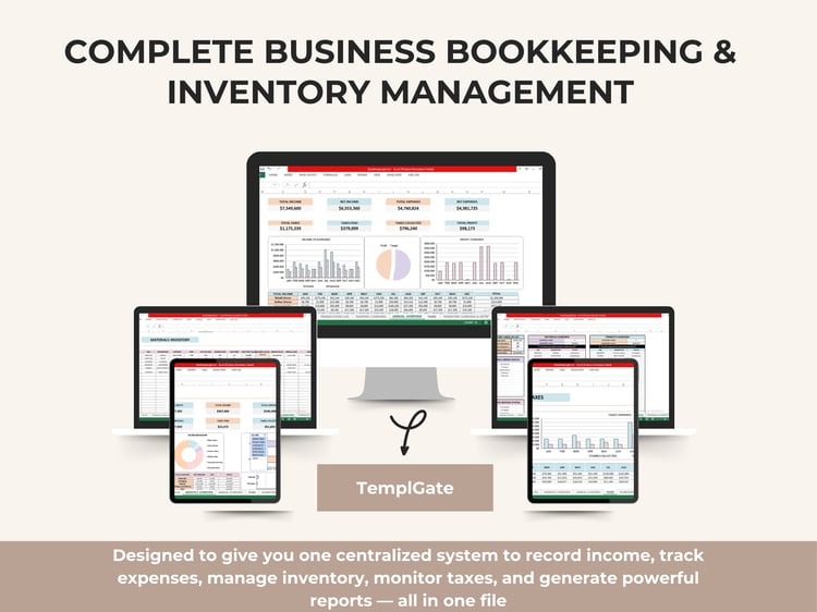 All-in-one Excel bookkeeping and inventory management system showing income, expenses, inventory tracking, taxes, and business dashboards